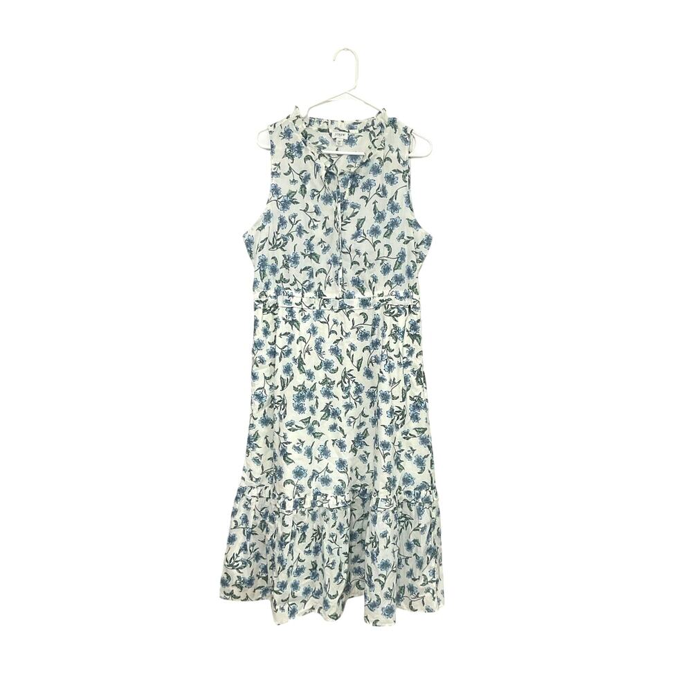 J.Crew Blue Floral Cotton Sleeveless Tiered Midi Dress Tie Front Size 12 Medium - Picture 2 of 6